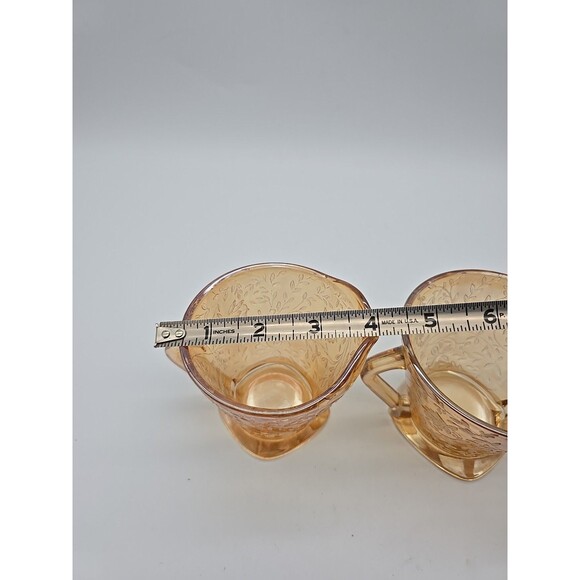 Vintage Jeannette Glass Floragold Louisa Sugar & Creamer Set Iridescent Carnival - Picture 8 of 9